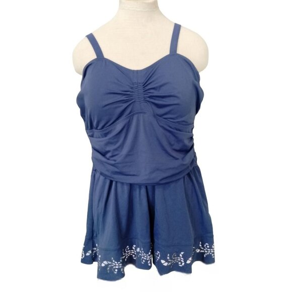 Denim & Co. Blue Ruching Swimdress Laser-Cut Hem Adjustable Straps Size 18W - Picture 2 of 9